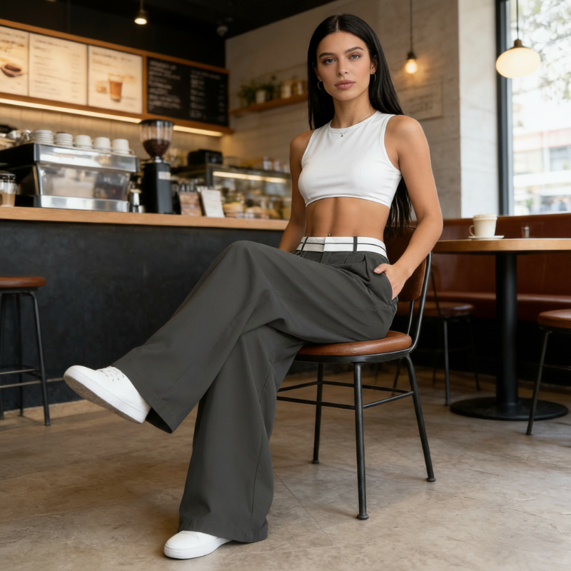🔥Designer-Modell! Damen weite Anzughose – mit farbigem Kontrastgürtel | Leichter, fließender Stoff | Tragbar das ganze Jahr über ✨
