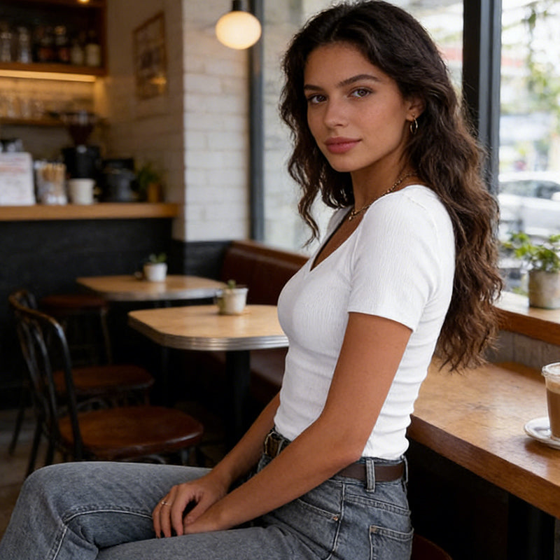 Schmal geschnittenes Basic-T-Shirt mit V-Ausschnitt für Damen