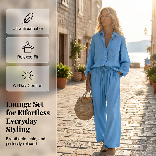 Freizeit-Set für Damen – zweiteilig, locker geschnitten, langärmlig, aus pflegeleichter Baumwoll-Leinen-Optik – bequem für Alltag & Zuhause