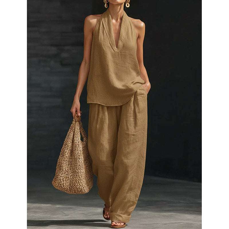 👚 50% RABATT! 🔥 Zweiteiliges Damen-Set mit Neckholder-Ausschnitt – Fließender Stoff, Leichte Passform & Perfekt Für Einen Eleganter Sommerlook 💃