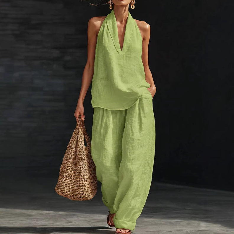 👚 50% RABATT! 🔥 Zweiteiliges Damen-Set mit Neckholder-Ausschnitt – Fließender Stoff, Leichte Passform & Perfekt Für Einen Eleganter Sommerlook 💃