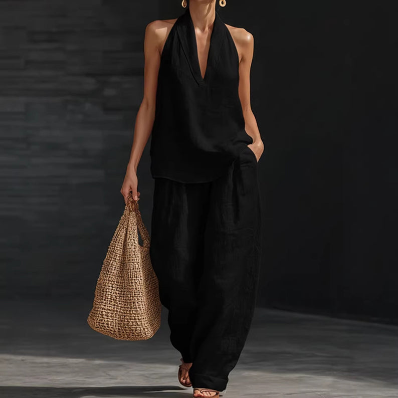 👚 50% RABATT! 🔥 Zweiteiliges Damen-Set mit Neckholder-Ausschnitt – Fließender Stoff, Leichte Passform & Perfekt Für Einen Eleganter Sommerlook 💃