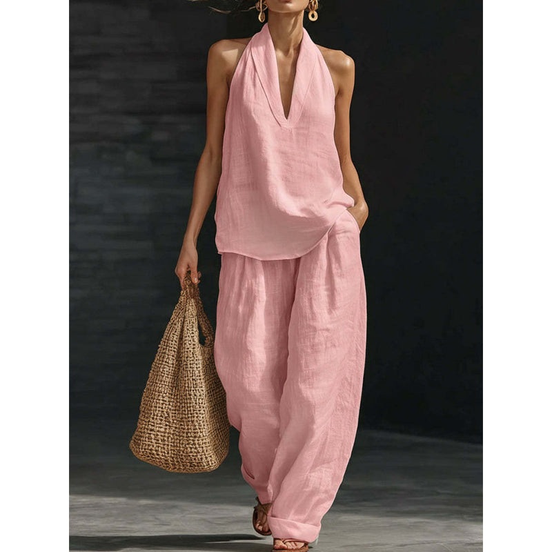 👚 50% RABATT! 🔥 Zweiteiliges Damen-Set mit Neckholder-Ausschnitt – Fließender Stoff, Leichte Passform & Perfekt Für Einen Eleganter Sommerlook 💃