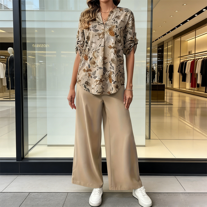 🎁Neu eingetroffen – 50 % Rabatt💥2-teiliges Set für Damen: Bluse mit Blumenmuster und Hose mit weitem Bein