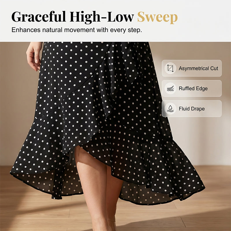 Langes Damenkleid mit V-Ausschnitt und Polka-Dots