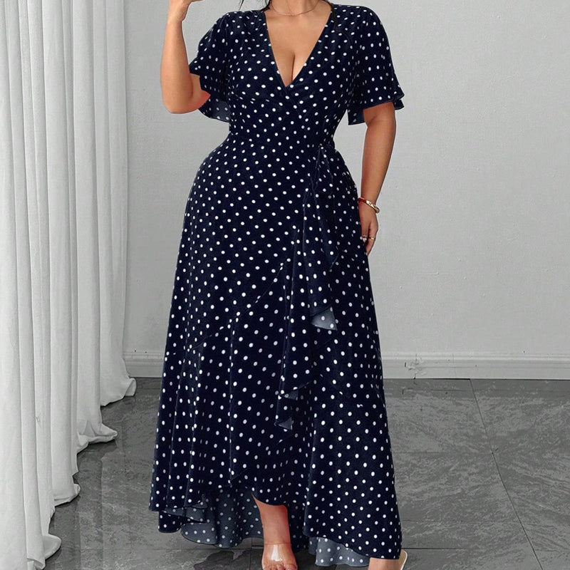 Langes Damenkleid mit V-Ausschnitt und Polka-Dots