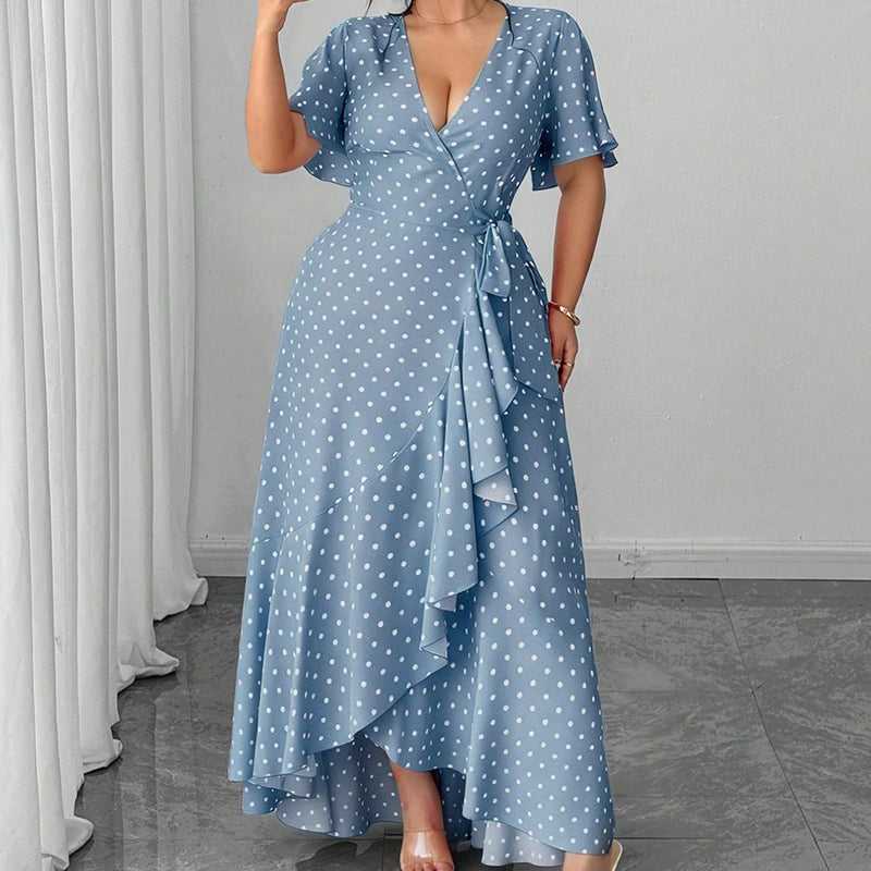 Langes Damenkleid mit V-Ausschnitt und Polka-Dots