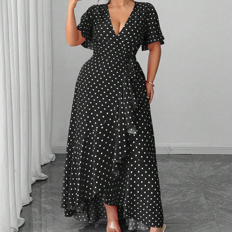 Langes Damenkleid mit V-Ausschnitt und Polka-Dots