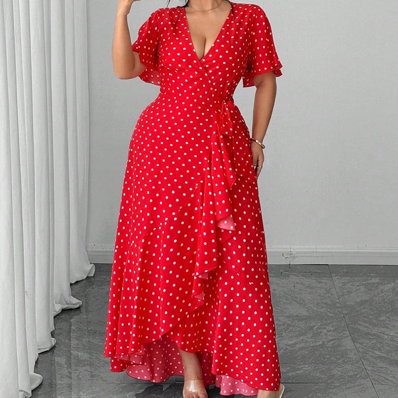 Langes Damenkleid mit V-Ausschnitt und Polka-Dots