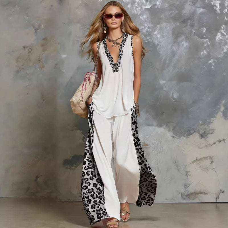 Damen-Casual-Leopard-Panel-Zweiteiler