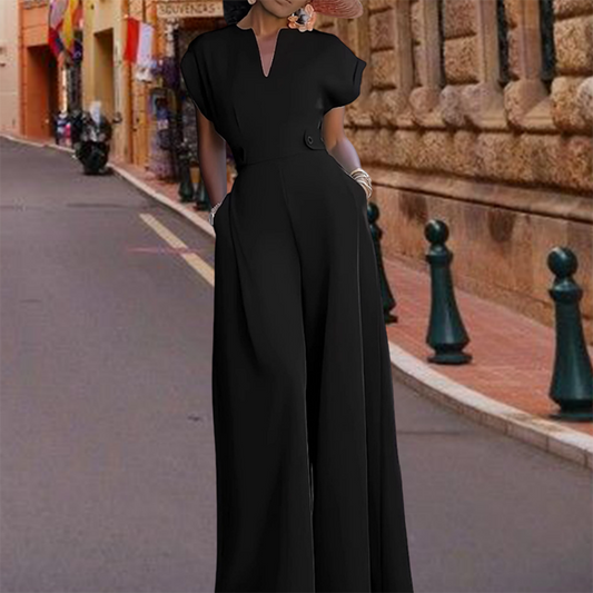 ✨ LIMITED-TIME 50% RABATT! Damen V-Ausschnitt Weites Bein Jumpsuit mit Knopfdetail – Büro bis Abend