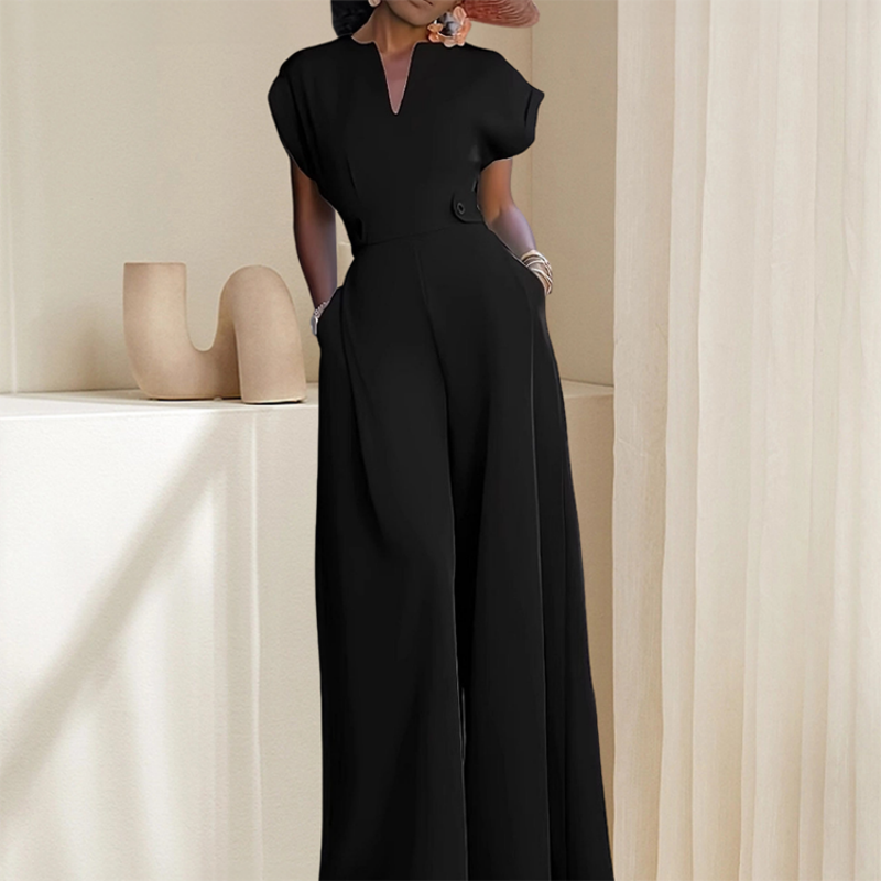 ✨ LIMITED-TIME 50% RABATT! Damen V-Ausschnitt Weites Bein Jumpsuit mit Knopfdetail – Büro bis Abend