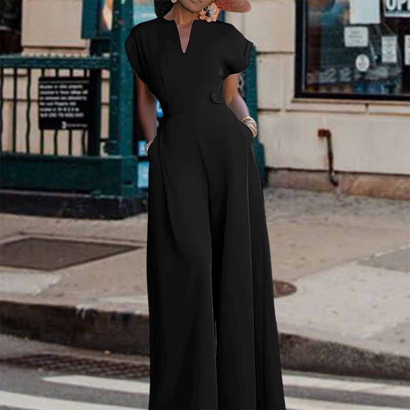 ✨ LIMITED-TIME 50% RABATT! Damen V-Ausschnitt Weites Bein Jumpsuit mit Knopfdetail – Büro bis Abend