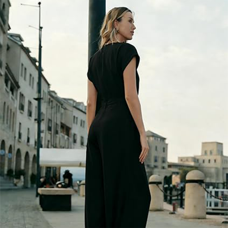 ✨ LIMITED-TIME 50% RABATT! Damen V-Ausschnitt Weites Bein Jumpsuit mit Knopfdetail – Büro bis Abend