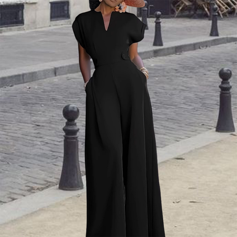 ✨ LIMITED-TIME 50% RABATT! Damen V-Ausschnitt Weites Bein Jumpsuit mit Knopfdetail – Büro bis Abend