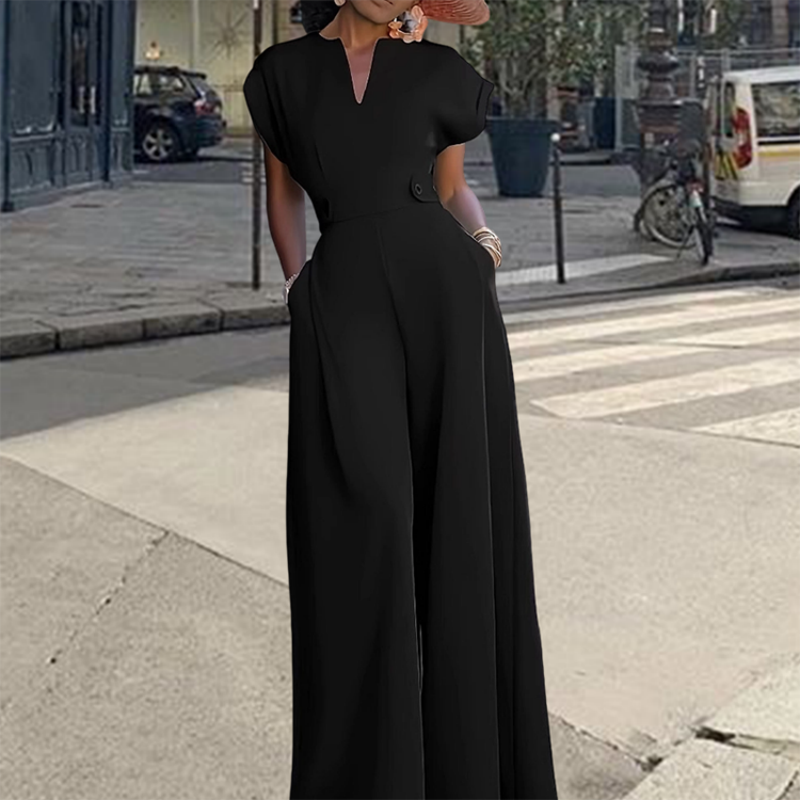 ✨ LIMITED-TIME 50% RABATT! Damen V-Ausschnitt Weites Bein Jumpsuit mit Knopfdetail – Büro bis Abend
