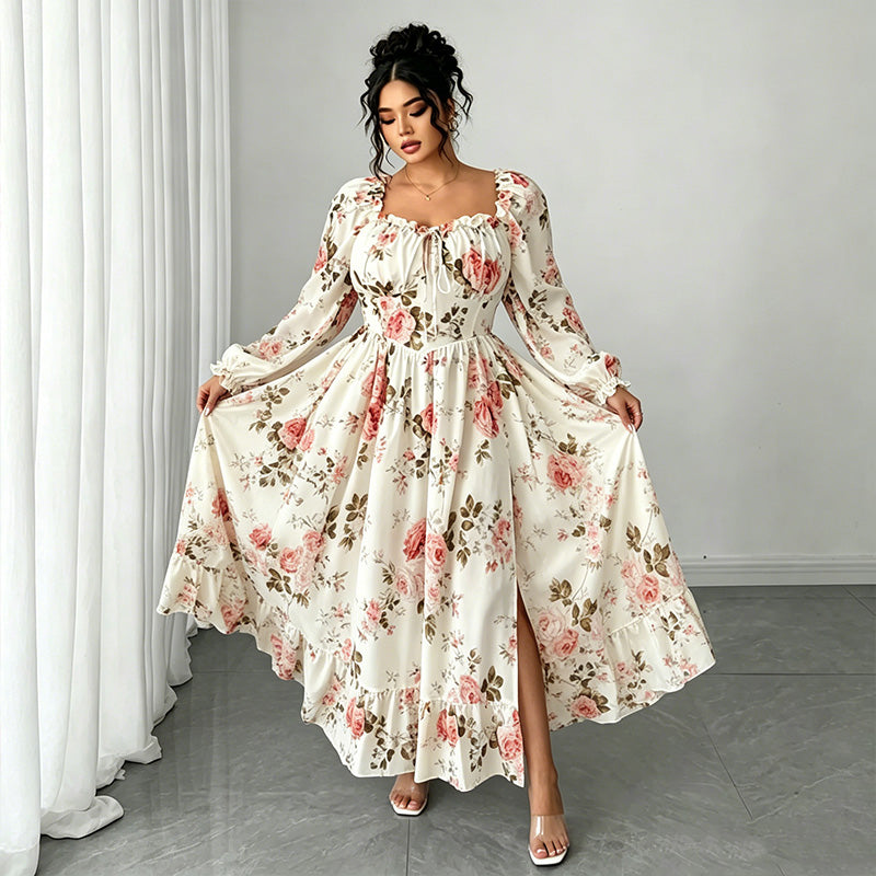 👗 LIMITED-TIME 50% RABATT! 🌺 Maxikleid mit floralem Print – Eckiger Ausschnitt, Puffärmel, Hohe Taille ✨