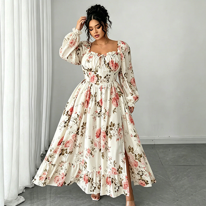 👗 LIMITED-TIME 50% RABATT! 🌺 Maxikleid mit floralem Print – Eckiger Ausschnitt, Puffärmel, Hohe Taille ✨