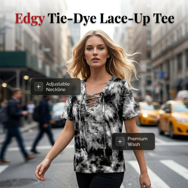 👕 BEFRISTET 50% RABATT! ✨ Tie-Dye-T-Shirt für Damen – V-Ausschnitt, Schnürung, 4 Farben 🌼