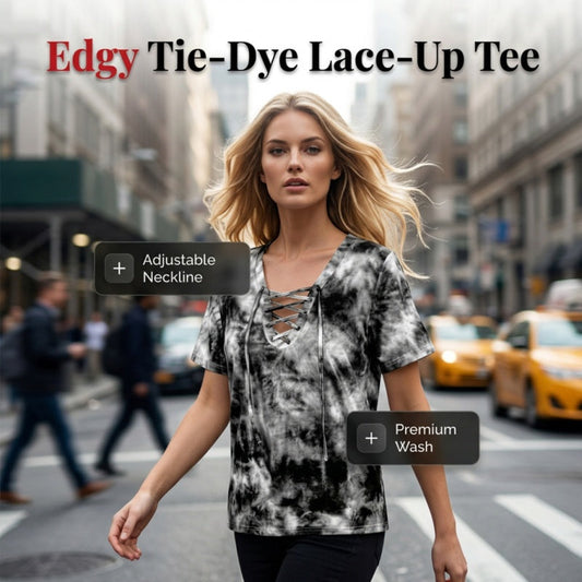 👕 BEFRISTET 50% RABATT! ✨ Tie-Dye-T-Shirt für Damen – V-Ausschnitt, Schnürung, 4 Farben 🌼