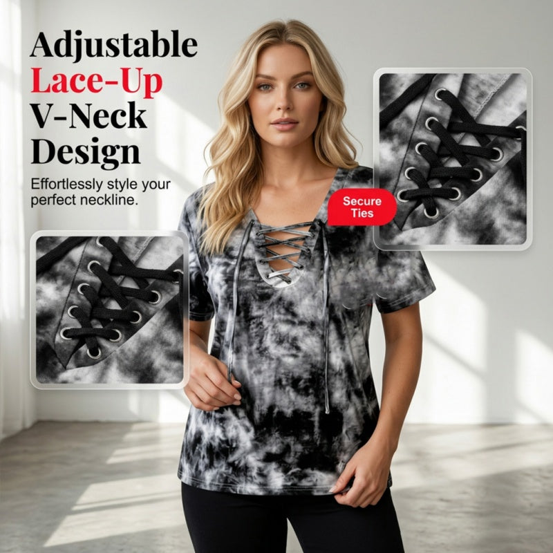 👕 BEFRISTET 50% RABATT! ✨ Tie-Dye-T-Shirt für Damen – V-Ausschnitt, Schnürung, 4 Farben 🌼