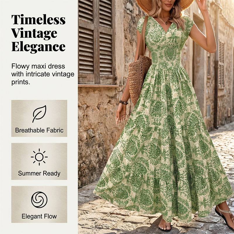 🏖️Sommer-Schnäppchen: 60 % Rabatt!!💃Maxikleid mit V-Ausschnitt, gerafftem Blumenmuster – Leichtes Baumwollmischgewebe, ein Must-have für den Sommer