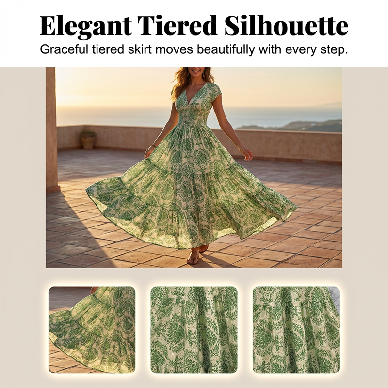 🏖️Sommer-Schnäppchen: 60 % Rabatt!!💃Maxikleid mit V-Ausschnitt, gerafftem Blumenmuster – Leichtes Baumwollmischgewebe, ein Must-have für den Sommer