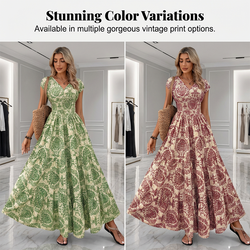 🏖️Sommer-Schnäppchen: 60 % Rabatt!!💃Maxikleid mit V-Ausschnitt, gerafftem Blumenmuster – Leichtes Baumwollmischgewebe, ein Must-have für den Sommer