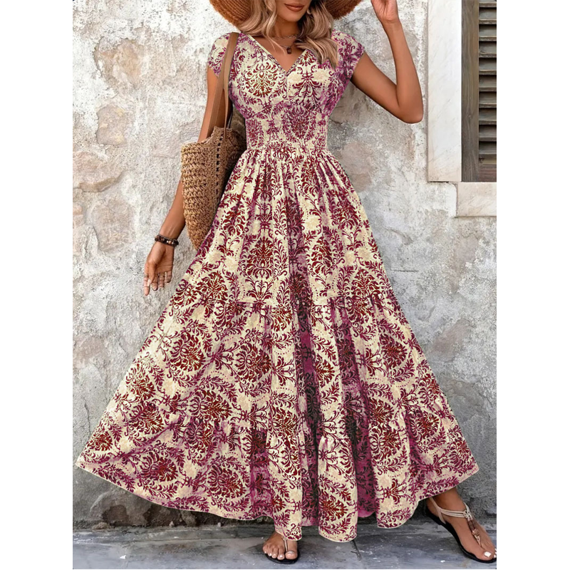 🏖️Sommer-Schnäppchen: 60 % Rabatt!!💃Maxikleid mit V-Ausschnitt, gerafftem Blumenmuster – Leichtes Baumwollmischgewebe, ein Must-have für den Sommer