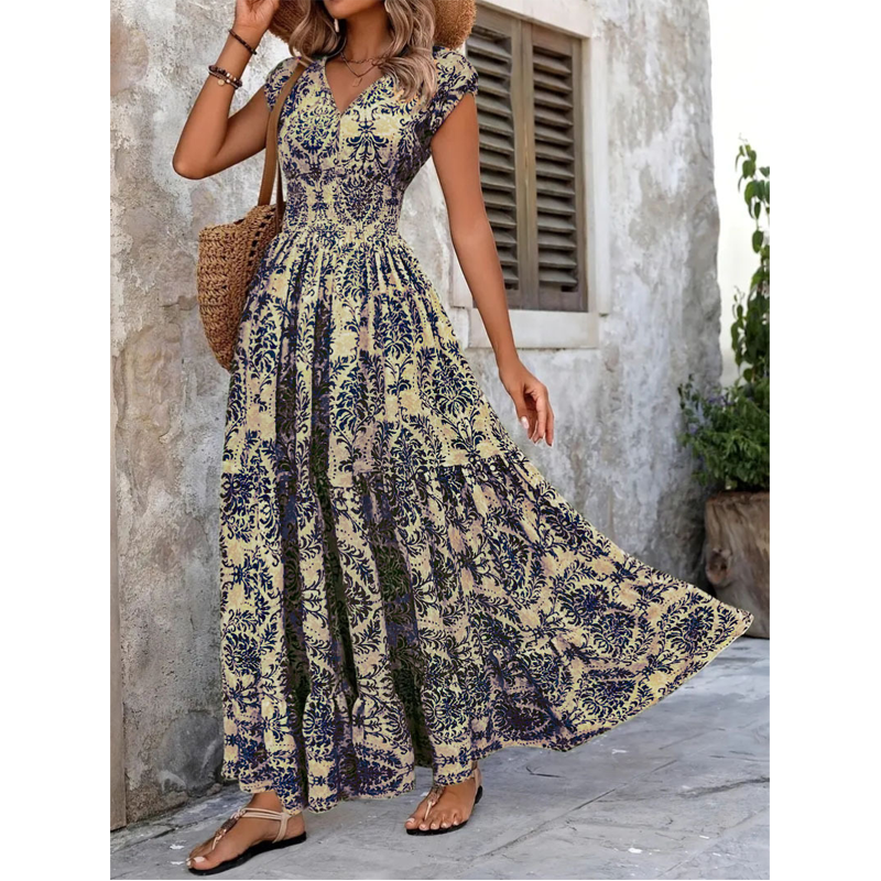 🏖️Sommer-Schnäppchen: 60 % Rabatt!!💃Maxikleid mit V-Ausschnitt, gerafftem Blumenmuster – Leichtes Baumwollmischgewebe, ein Must-have für den Sommer