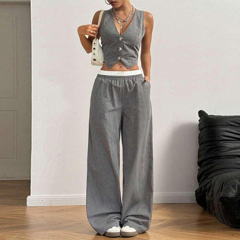 Gestreiftes Damen-Zweiteiler-Set: Top ohne Ärmel & Weite Hose