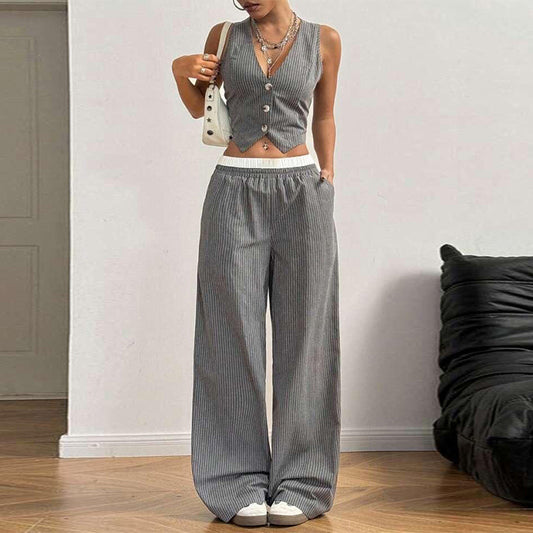 Gestreiftes Damen-Zweiteiler-Set: Top ohne Ärmel & Weite Hose
