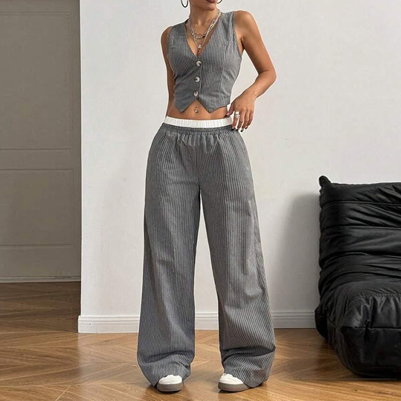 Gestreiftes Damen-Zweiteiler-Set: Top ohne Ärmel & Weite Hose