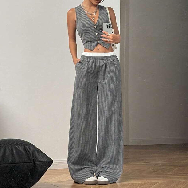 Gestreiftes Damen-Zweiteiler-Set: Top ohne Ärmel & Weite Hose