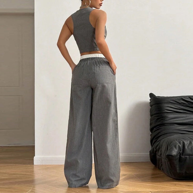 Gestreiftes Damen-Zweiteiler-Set: Top ohne Ärmel & Weite Hose
