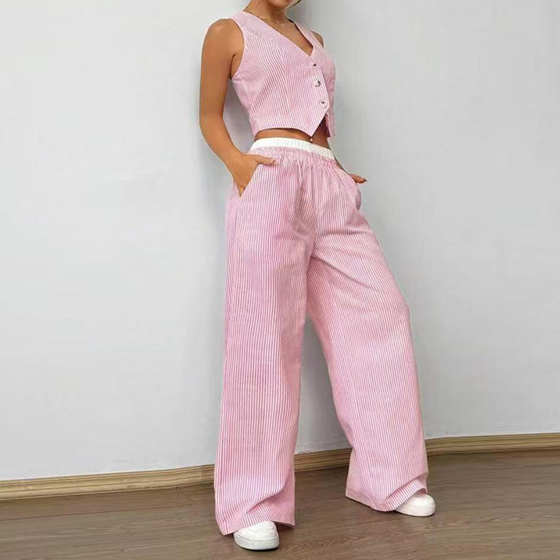 Gestreiftes Damen-Zweiteiler-Set: Top ohne Ärmel & Weite Hose