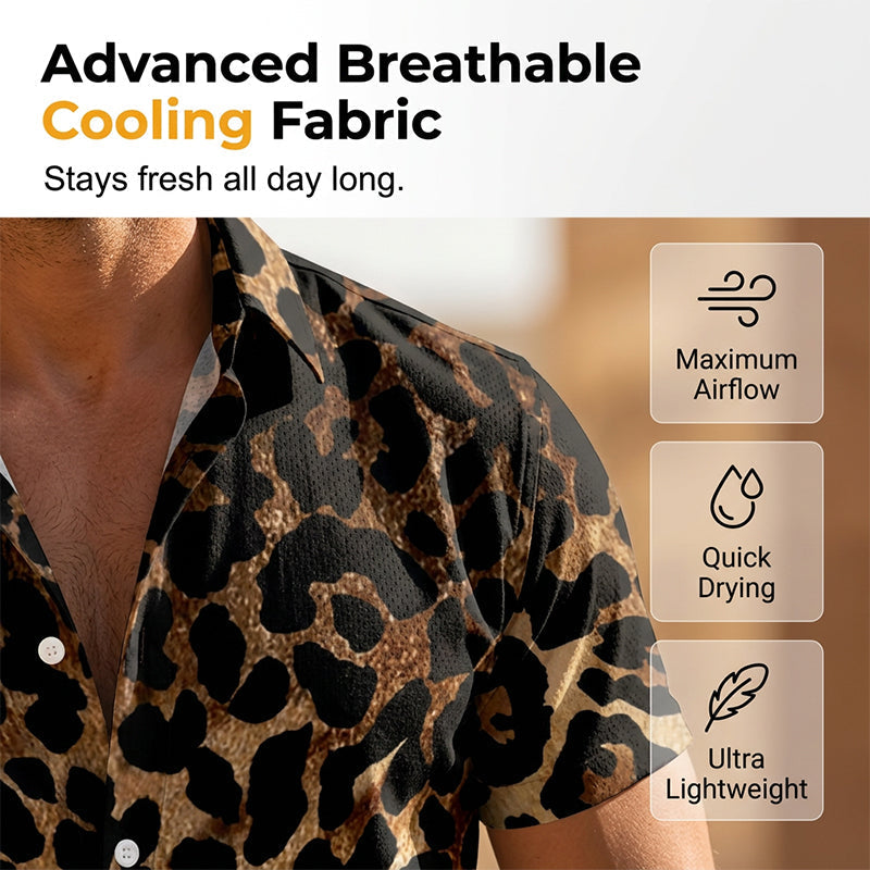 ✨Sommer-Sonderangebot 50% RABATT!❤️‍🔥Herren Kurzarmhemd Leopardenmuster Knopfleiste Schwarz Polyester Sommershirt