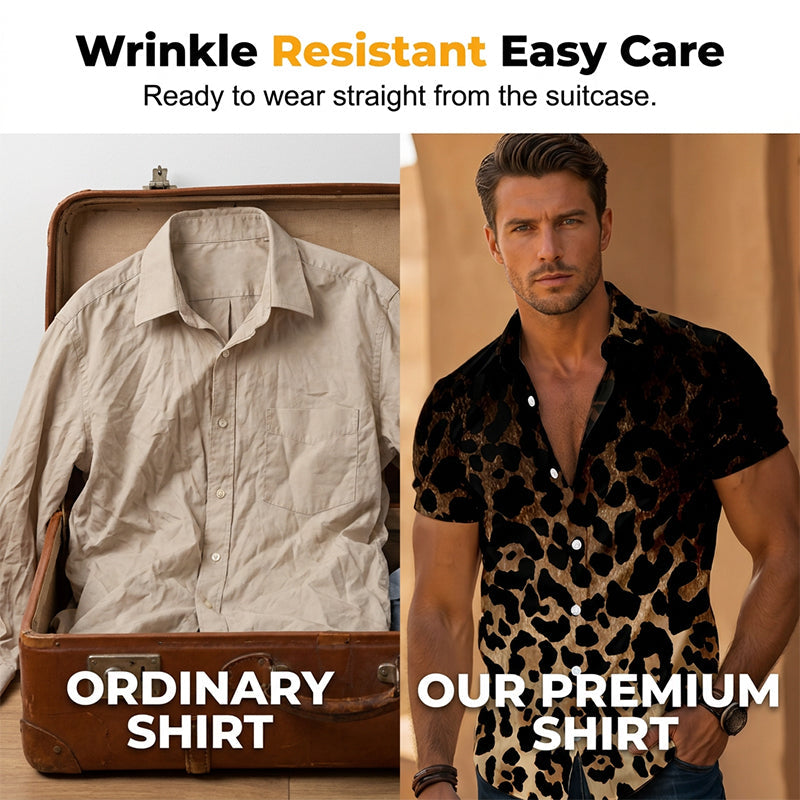 ✨Sommer-Sonderangebot 50% RABATT!❤️‍🔥Herren Kurzarmhemd Leopardenmuster Knopfleiste Schwarz Polyester Sommershirt