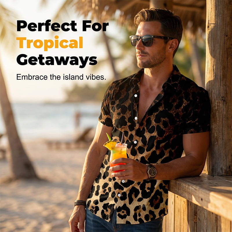 ✨Sommer-Sonderangebot 50% RABATT!❤️‍🔥Herren Kurzarmhemd Leopardenmuster Knopfleiste Schwarz Polyester Sommershirt