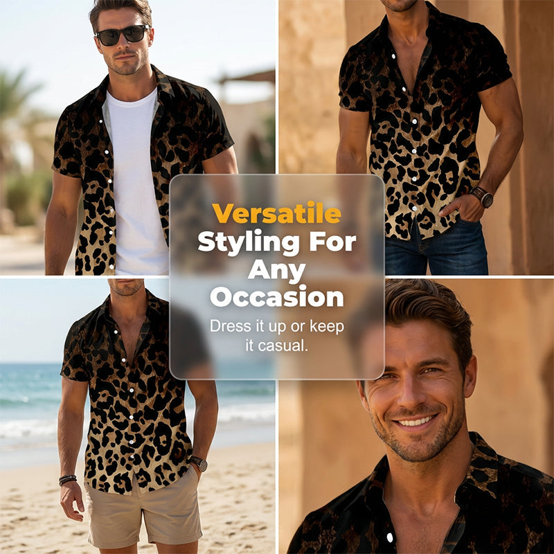 ✨Sommer-Sonderangebot 50% RABATT!❤️‍🔥Herren Kurzarmhemd Leopardenmuster Knopfleiste Schwarz Polyester Sommershirt