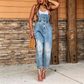 👖 50% RABATT! 🔘 Damen Jeans-Latzhose mit Knopfleiste vorne – schmal zulaufend – Figurumschmeichelnd, lässig & perfekt für einen trendigen Streetwear-Look ✨