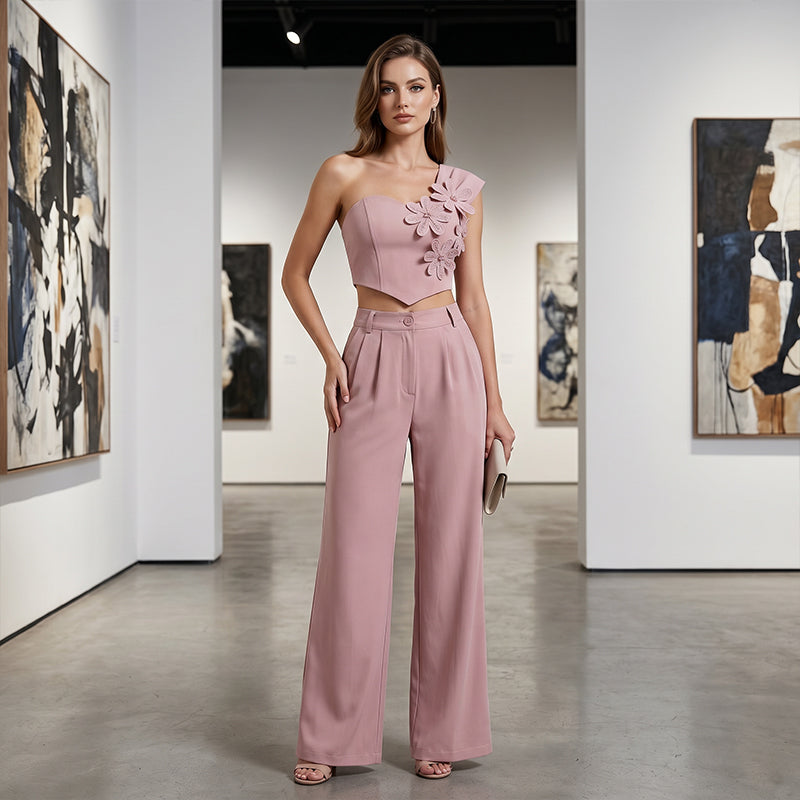 👗 50% RABATT! 🌸 Elegantes One-Shoulder Blumen-Top & Weithosen-Set – Fließend, feminin & perfekt für Hochzeiten, Partys und Sommerurlaube 🌊