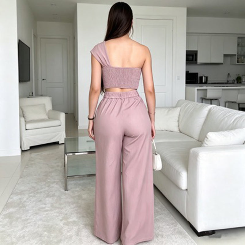👗 50% RABATT! 🌸 Elegantes One-Shoulder Blumen-Top & Weithosen-Set – Fließend, feminin & perfekt für Hochzeiten, Partys und Sommerurlaube 🌊
