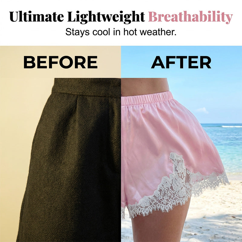 🩳 JETZT 50 % RABATT! ✨ Shorts mit Satin-Spitzenbesatz – Lässiger Sommer-Chic – Weich, atmungsaktiv und perfekt zum Entspannen oder für den Look vom Strand in die Bar 🌿