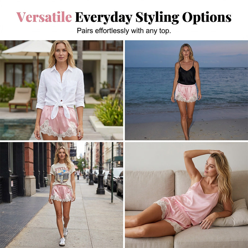 🩳 JETZT 50 % RABATT! ✨ Shorts mit Satin-Spitzenbesatz – Lässiger Sommer-Chic – Weich, atmungsaktiv und perfekt zum Entspannen oder für den Look vom Strand in die Bar 🌿