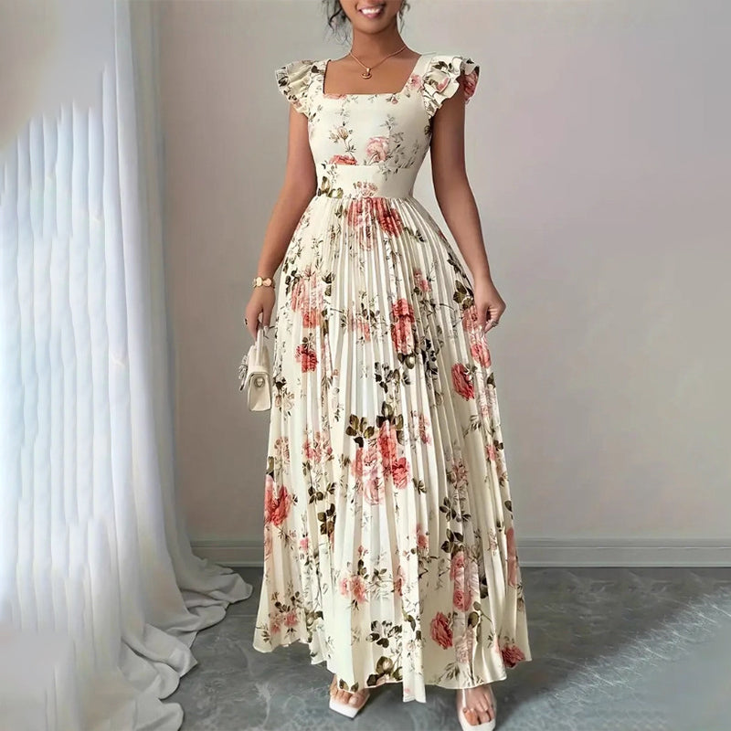 👗 LIMITIERTES ANGEBOT 50% RABATT! 🌸 Elegantes Blumenprint-Maxi-Kleid mit Volantärmeln & Hochwaist – Plisseerock, Quadrat-Ausschnitt, Romantisch ✨