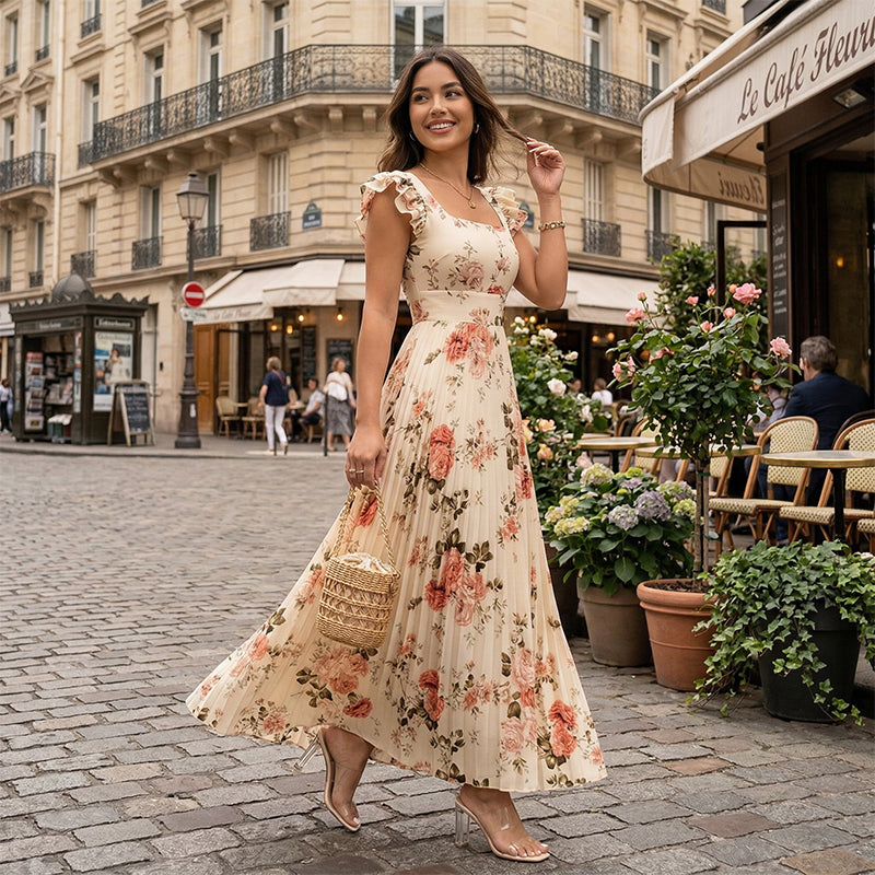 👗 LIMITIERTES ANGEBOT 50% RABATT! 🌸 Elegantes Blumenprint-Maxi-Kleid mit Volantärmeln & Hochwaist – Plisseerock, Quadrat-Ausschnitt, Romantisch ✨