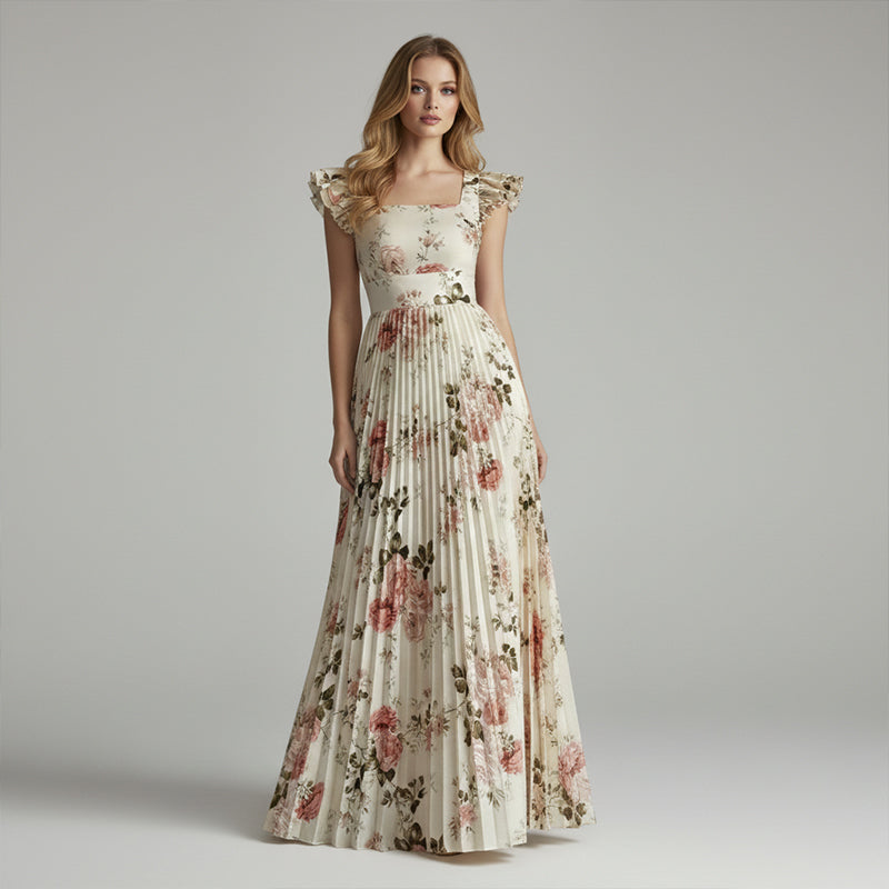 👗 LIMITIERTES ANGEBOT 50% RABATT! 🌸 Elegantes Blumenprint-Maxi-Kleid mit Volantärmeln & Hochwaist – Plisseerock, Quadrat-Ausschnitt, Romantisch ✨