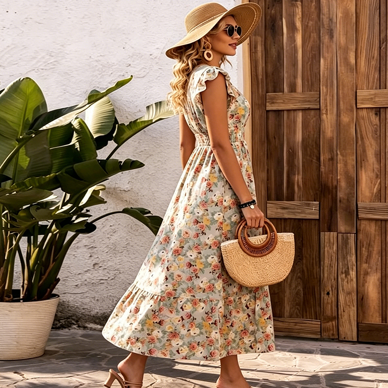 👗 50% RABATT! 🌸 Blumenkleid mit Gummizug – V-Ausschnitt, locker & bequem – Leicht, luftig & perfekt für Sommer, Strand oder entspannte Tage ☀️