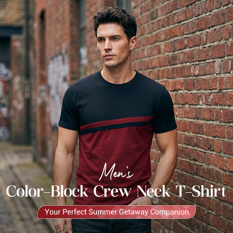 👕50% RABATT!🔥Herren Rundhals T-Shirt mit Farbblock-Design Atmungsaktiv Leicht Freizeitshirt